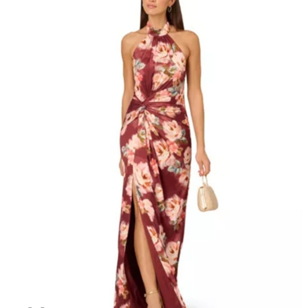 Floral Backless Dress Halter, Beautiful Waistline, Front Leg Slit